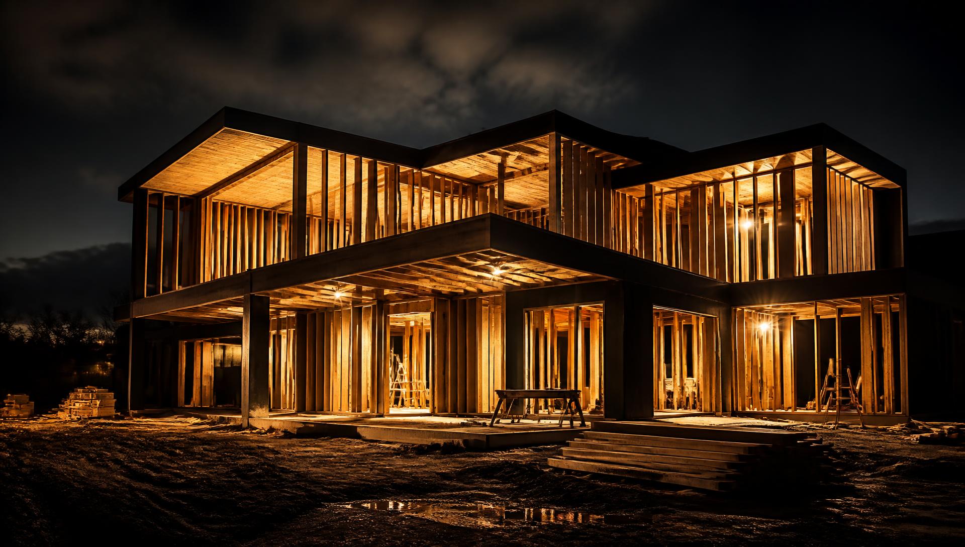 Custom home under construction at dusk